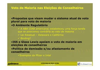 Voto de Maioria nas Eleições de Conselheiros


•Propostas que visam mudar o sistema atual de voto
plural para voto de maioria
•O Ambiente Regulatório
      A ABA (OAB americana) estabeleceu uma força-tarefa
    que se posicionou contrária ao voto de maioria
      Lei Estadual – Delaware e Califórnia
      Binding?
•ISS e Glass Lewis apoiam o voto de maioria em
eleições de conselheiros
•Política de demissão e/ou afastamento de
conselheiros
     Exemplos da Pfizer e Intel
 