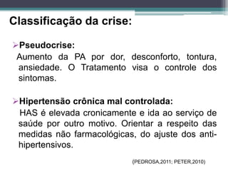 Pseudocrise:
Aumento da PA por dor, desconforto, tontura,
ansiedade. O Tratamento visa o controle dos
sintomas.
Hipertensão crônica mal controlada:
HAS é elevada cronicamente e ida ao serviço de
saúde por outro motivo. Orientar a respeito das
medidas não farmacológicas, do ajuste dos anti-
hipertensivos.
Classificação da crise:
(PEDROSA,2011; PETER,2010)
 
