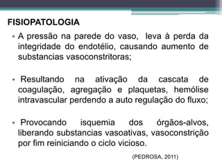 • A pressão na parede do vaso, leva à perda da
integridade do endotélio, causando aumento de
substancias vasoconstritoras;
• Resultando na ativação da cascata de
coagulação, agregação e plaquetas, hemólise
intravascular perdendo a auto regulação do fluxo;
• Provocando isquemia dos órgãos-alvos,
liberando substancias vasoativas, vasoconstrição
por fim reiniciando o ciclo vicioso.
FISIOPATOLOGIA
(PEDROSA, 2011)
 