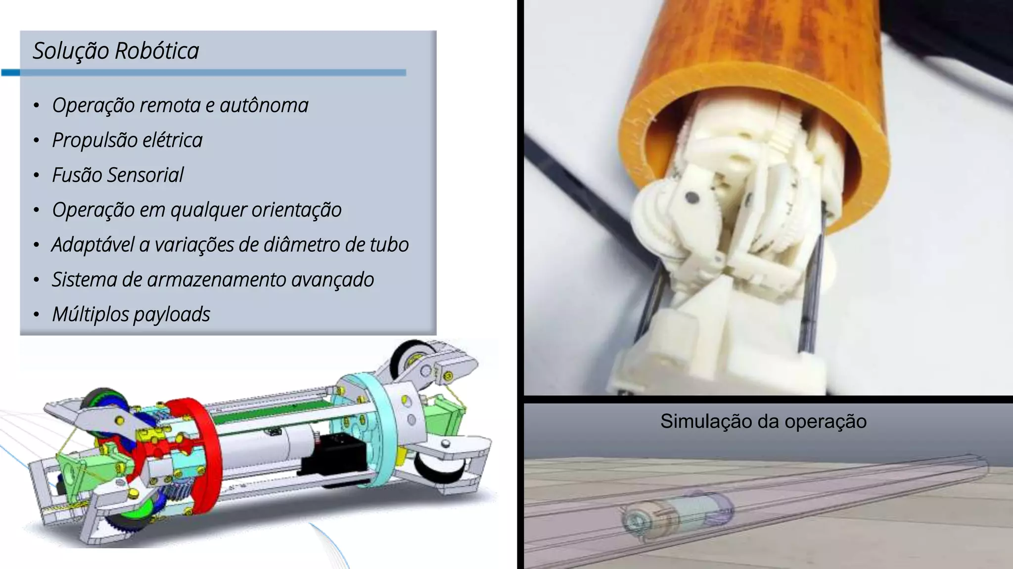 Solução Robótica
• Operação remota e autônoma
• Propulsão elétrica
• Fusão Sensorial
• Operação em qualquer orientação
• Adaptável a variações de diâmetro de tubo
• Sistema de armazenamento avançado
• Múltiplos payloads
Simulação da operação
 