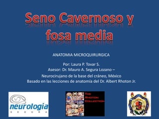 Por: Laura P. Tovar S.
Asesor: Dr. Mauro A. Segura Lozano –
Neurocirujano de la base del cráneo, México
Basado en las lecciones de anatomía del Dr. Albert Rhoton Jr.
ANATOMIA MICROQUIRURGICA
 
