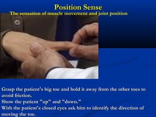 Position SensePosition Sense
Grasp the patient's big toe and hold it away from the other toes toGrasp the patient's big toe and hold it away from the other toes to
avoid friction.avoid friction.
Show the patient "up" and "down."Show the patient "up" and "down."
With the patient's closed eyes ask him to identify the direction ofWith the patient's closed eyes ask him to identify the direction of
moving the toe.moving the toe.
The sensation of muscle movement and joint position
 