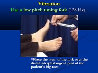 VibrationVibration
Use aUse a low pitch tuning forklow pitch tuning fork (128 Hz).(128 Hz).
Place the stem of the fork over thePlace the stem of the fork over the
distal interphalangeal joint of thedistal interphalangeal joint of the
patient's big toes.patient's big toes.
 
