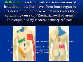 Reflex painReflex pain is related with the transmission ofis related with the transmission of
irritation on the horn level from inner organ byirritation on the horn level from inner organ by
its nerve on other nerve which innervates theits nerve on other nerve which innervates the
certain area on skin (certain area on skin (Zacharian—Had areasZacharian—Had areas).).
It is explained by visceral-sensory reflexes.It is explained by visceral-sensory reflexes.
 Рис. 4. ЗонРис. 4. Зонии гіперестезиії (зоні Захаргіперестезиії (зоні Захар’’ііна- Геда) при захворюванняхна- Геда) при захворюваннях
внутрішніх органів:внутрішніх органів:
1 —серця; 2 - легень; 3 — печінки; 4 — нирок;1 —серця; 2 - легень; 3 — печінки; 4 — нирок;
5 сечоводу; б — сечового міхура, 7- тонкого кишківника; 8 —5 сечоводу; б — сечового міхура, 7- тонкого кишківника; 8 —
шлунку і підшлункової золози; 9 - маткишлунку і підшлункової золози; 9 - матки
 