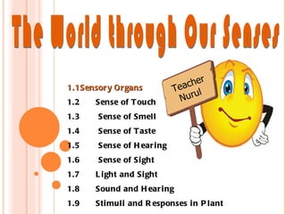 The World through Our Senses 1.1	Sensory Organs 1.2 Sense of Touch 1.3  Sense of Smell 1.4  Sense of Taste 1.5  Sense of Hearing 1.6  Sense of Sight 1.7 Light and Sight 1.8 Sound and Hearing 1.9 Stimuli and Responses in Plant Teacher Nurul  