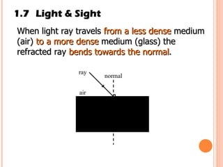 1.7 Light & Sight When light ray travels  from a less dense  medium (air)  to a more dense  medium (glass) the refracted ray  bends towards the normal .  mirror air ray normal 