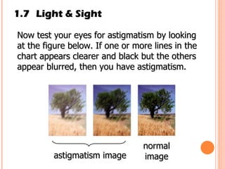 1.7 Light & Sight Now test your eyes for astigmatism by looking at the figure below. If one or more lines in the chart appears clearer and black but the others appear blurred, then you have astigmatism. astigmatism image normal image 