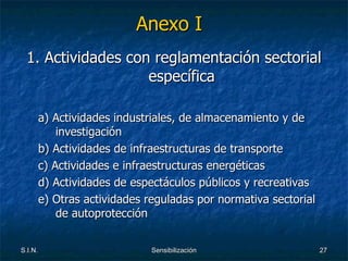 Anexo I 1. Actividades con reglamentación sectorial específica  a) Actividades industriales, de almacenamiento y de investigación b) Actividades de infraestructuras de transporte  c) Actividades e infraestructuras energéticas  d) Actividades de espectáculos públicos y recreativas e) Otras actividades reguladas por normativa sectorial de autoprotección 