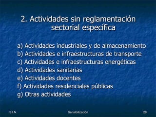 2. Actividades sin reglamentación sectorial específica a) Actividades industriales y de almacenamiento b) Actividades e infraestructuras de transporte c) Actividades e infraestructuras energéticas d) Actividades sanitarias e) Actividades docentes f) Actividades residenciales públicas g) Otras actividades 