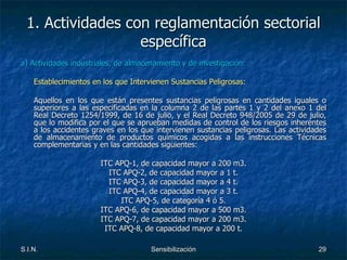 1. Actividades con reglamentación sectorial específica a) Actividades industriales, de almacenamiento y de investigación: Establecimientos en los que Intervienen Sustancias Peligrosas: Aquellos en los que están presentes sustancias peligrosas en cantidades iguales o superiores a las especificadas en la columna 2 de las partes 1 y 2 del anexo 1 del Real Decreto 1254/1999, de 16 de julio, y el Real Decreto 948/2005 de 29 de julio, que lo modifica por el que se aprueban medidas de control de los riesgos inherentes a los accidentes graves en los que intervienen sustancias peligrosas. Las actividades de almacenamiento de productos químicos acogidas a las instrucciones Técnicas complementarias y en las cantidades siguientes: ITC APQ-1, de capacidad mayor a 200 m3. ITC APQ-2, de capacidad mayor a 1 t. ITC APQ-3, de capacidad mayor a 4 t. ITC APQ-4, de capacidad mayor a 3 t. ITC APQ-5, de categoría 4 ó 5. ITC APQ-6, de capacidad mayor a 500 m3. ITC APQ-7, de capacidad mayor a 200 m3. ITC APQ-8, de capacidad mayor a 200 t. 