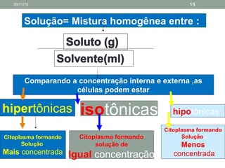 Solução= Mistura homogênea entre :
hipertônicas hipotônicas
Comparando a concentração interna e externa ,as
células podem estar
isotônicas
Citoplasma formando
Solução
Mais concentrada
Citoplasma formando
solução de
Igual concentração
Citoplasma formando
Solução
Menos
concentrada
20/11/15 15
 