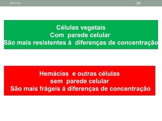 Células vegetais
Com parede celular
São mais resistentes á diferenças de concentração
Hemácias e outras células
sem parede celular
São mais frágeis á diferenças de concentração
20/11/15 23
 