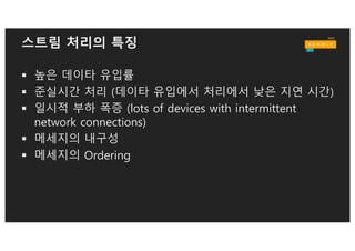 서버리스 스트림 처리 아키텍쳐
Sensors
Amazon Kinesis:
Stream
Lambda:
Stream Processor
S3:
Final Aggregated Output
Lambda:
Periodic Dump to S3
CloudWatch Events:
Trigger every 5 minutes
S3:
Intermediate Aggregated
Data
Lambda:
Scheduled Dispatcher
KPL:
Producer
 