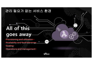 서버리스 아키텍쳐 충분 조건
𝞽 완전 관리형 컴퓨팅
• 프로비져닝 제거
• 제로 관리
• 고가용(Fault Tolerant Stateless)
𝞽 개발자 생산성 확보
• 문제 중심의 개발 능력
• 민첩한 혁신
• 시장 접근성 강화
𝞽 지속적 확장 능력
• 자동화 기반
• 용량 증가 및 용량 감소
 
