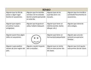 BINGO
Alguien que ha ido de
paseo a algún lugar
bonito en vacaciones.
Alguien que ha sentido
nervios o le ha costado
dormir anoche pensando
en este día.
Alguien que no ha
querido venir a la
escuela.
Alguien que ha crecido o
cambiado físicamente en
vacaciones.
Alguien que espera
encontrar nuevos
amigos(as)
Alguien que le gusta el
vóley, futbol o básquet.
Alguien que tiene un
talento (cantar, bailar,
dibujar, etc.)
Alguien que viene de
otro colegio.
Alguien quien hizo algún
taller en vacaciones.
Alguien que tiene un
hermano(a) pequeño(a)
Alguien que una vez
conoció una persona
famosa.
Alguien cuyos padres
vienen de otra región del
país.
Alguien a quien le gusta
leer o estudiar.
Alguien que se sienta
feliz en este primer día
de clases.
Alguien que no le gusta
este primer día de clases.
 