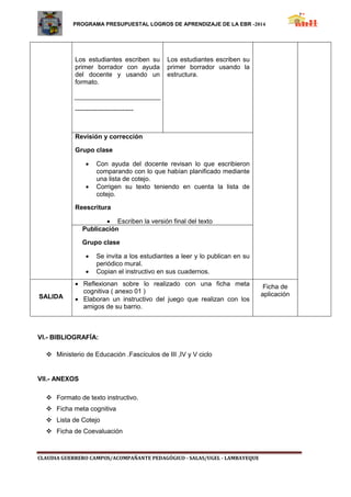 PROGRAMA PRESUPUESTAL LOGROS DE APRENDIZAJE DE LA EBR -2014 
CLAUDIA GUERRERO CAMPOS/ACOMPAÑANTE PEDAGÓGICO - SALAS/UGEL - LAMBAYEQUE 
Los estudiantes escriben su primer borrador con ayuda del docente y usando un formato. 
--------------------------- 
 Los estudiantes escriben su primer borrador usando la estructura. 
Revisión y corrección 
Grupo clase 
 Con ayuda del docente revisan lo que escribieron comparando con lo que habían planificado mediante una lista de cotejo. 
 Corrigen su texto teniendo en cuenta la lista de cotejo. 
Reescritura 
 Escriben la versión final del texto 
Publicación 
Grupo clase 
 Se invita a los estudiantes a leer y lo publican en su periódico mural. 
 Copian el instructivo en sus cuadernos. 
SALIDA 
 Reflexionan sobre lo realizado con una ficha meta cognitiva ( anexo 01 ) 
 Elaboran un instructivo del juego que realizan con los amigos de su barrio. 
Ficha de aplicación 
VI.- BIBLIOGRAFÍA: 
 Ministerio de Educación .Fascículos de III ,IV y V ciclo 
VII.- ANEXOS 
 Formato de texto instructivo. 
 Ficha meta cognitiva 
 Lista de Cotejo 
 Ficha de Coevaluación 
 