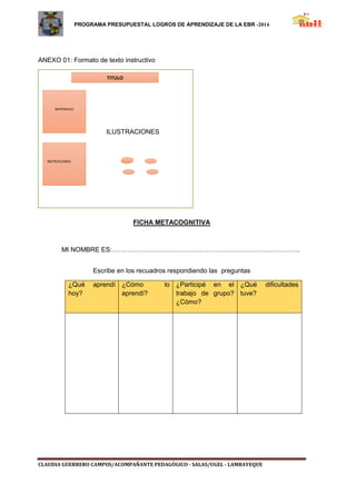 PROGRAMA PRESUPUESTAL LOGROS DE APRENDIZAJE DE LA EBR -2014 
CLAUDIA GUERRERO CAMPOS/ACOMPAÑANTE PEDAGÓGICO - SALAS/UGEL - LAMBAYEQUE 
ANEXO 01: Formato de texto instructivo 
FICHA METACOGNITIVA 
MI NOMBRE ES:………………………………………………………………………….. 
Escribe en los recuadros respondiendo las preguntas 
¿Qué aprendí 
hoy? 
¿Cómo lo 
aprendí? 
¿Participé en el 
trabajo de grupo? 
¿Cómo? 
¿Qué dificultades 
tuve? 
V 
ILUSTRACIONES 
TITULO 
MATERIALES 
INSTRUCCIONES 
V 
V 
V 
V 
V 
 