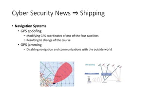 Cyber Security News ⇒ Shipping
• Navigation Systems
• GPS spoofing
• Modifying GPS coordinates of one of the four satellites
• Resulting to change of the course
• GPS jamming
• Disabling navigation and communications with the outside world
 