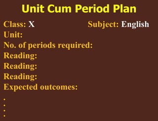 Class: X Subject: English 
Unit: 
No. of periods required: 
Reading: 
Reading: 
Reading: 
Expected outcomes: 
. 
... 
Unit Cum Period Plan 
 