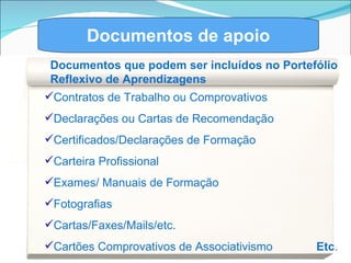 Documentos de apoio Documentos que podem ser incluídos no Portefólio Reflexivo de Aprendizagens Contratos de Trabalho ou Comprovativos Declarações ou Cartas de Recomendação Certificados/Declarações de Formação Carteira Profissional Exames/ Manuais de Formação Fotografias Cartas/Faxes/Mails/etc.  Cartões Comprovativos de Associativismo   Etc . 