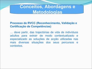 Conceitos, Abordagens e Metodologias Processo de RVCC (Reconhecimento, Validação e Certificação de Competências) …  deve partir, das trajectórias de vida de indivíduos adultos para extrair de modo contextualizado e especializado as soluções de acção utilizadas nas mais diversas situações dos seus percursos e contextos. 