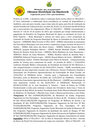 Prefeito ás 11:00h. e decidirem sobre a realização deste evento. Ofício nº. 003/2013 –
2ª Vara, solicitando a colaboração dessa presidência, no sentido de disponibilizar o
Auditório, uma sala para reunião, copa e duas salas de apoio, para fins de realização da
Sessão Periódica do Tribunal do Júri, nos dias 28, 29,30 e 31, no horário das 08:30 Horas
até o encerramento dos julgamentos. Ofício nº 010/2013 – SEMAD, encaminhando o
Decreto nº 118 de 18 de janeiro de 2013, que suspende por tempo indeterminado o
pagamento do Benefício do Programa Municipal de Apoio ao estudante de Curso de
Nível Superior – Bolsa Municipal e solicita um nome para a nova composição da
Comissão de Gestão do Programa Municipal de Apoio ao Estudante do Curso de Nível
Superior – COMPROR. Ofício Circular nº 001/ 2013 – SEMAD, informando as nomeações
dos Secretários Municipais com seus nomes e respectivos cargos, Aurimar do Socorro T.
Simões – SEMSA, Elda Lúcia das Neves Gomes – DEMED, Gilberto Soares Barros –
SEMPLAF, Joaquim Rodrigues Ribeiro – SEMPS, Kenede Machado Duarte – SEMAD,
Manoel do Rosário Paula da Costa – SEMAPA, Maria Madalena de Lima Nascimento –
SEMCULT, Nelson da Costa Monteiro – SEMEL, Newtom Cabral de Azevedo Neto –
SEMINFRA, Roberval Teixeira Lopes – SEGOV, Rosival Ribeiro da Costa – SEMADES. Do
Excelentíssimo Senhor Prefeito Municipal Lúcio Flávio do Rosário – Comparecimento,
pedido de Licença para tratamento de saúde no período de 28/01 a 11/02/2013,
conforme Atestado Médico. Comunicado, do Presidente da Central do Rio Manicoré, o
não comparecimento a reunião do dia 26/01/2013. Convite – IDAM, convidando para
participar de uma importante reunião com a Diretoria e Sócios/ Produtores, Famílias e
Associações dos Produtores Agroextrativistas da Comunidade de Baixa Cavada, em
19.01/2013 ás 09h00min horas. Convite, para a Explanação dos Consolidados
Pactuados, junto ao Ministério da Saúde, dia 11/01/2013 ás 16h00min. Convite, da
Central das Associações Agroextrativistas do Rio Manicoré – CAARIM, para participar de
uma importante reunião no dia 26/01/2013 ás 09h00minh. Memorando nº
09/2013/72ºDIP, do Sr. José Humberto b. Teixeira – Chefe de Polícia do 72ºDIP,
Parabenizando a todos pela reeleição e eleição dos Vereadores desta Casa e Temo de
Devolução de Bem Móvel, do Senhor Presidente deste Poder Manuel Sebastião Pimentel
de Medeiros, 01 Notebook + (Mochila Case, Fonte e Mause) pertencentes a este Poder.
Telegramas Nº Ref: 0100600/MS/SE/FNS, do Ministério da Saúde, Programas:
Pagamento de Piso Estratégico – Gerenciamento de Risco de DS – Produtos e Serviços.
Nº Ref. 001621/MS/SE/FNS Pagamento de Programa: de Melhoria do Acesso e da
Qualidade. Nº Ref: 010075/MS/MS/FNS. Programa: Pagamento de Pab Fixo. Nº Ref.
011026/MS/SE/FNS, Programa: Pagamento de Piso Estratégico. Nº Ref.
044049/MS/SE/FNS, Programa: Pagamento Fundo Municipal de Saúde de Manicoré. Nº
Ref. Programa: Pagamento de Incentivo da Qualidade das Ações de Dengue. Nº Ref.
019858/MS/SE/FNS, Programa: Pagamento de Ações Estruturais de Vigilância Sanitária.
Nº Ref. 028748/MS/ES/FNS, Programa: Pagamento de Agentes Comunitários de Saúde.
Expedidos: Ofício nº 001/2013 – GP, ao Ilmo Sr. Raimundo Silvetre da Silva – Gerente
do Banco do Brasil S/A, Exonerações de cargos em comissões. Ofício nº 002/201 – GP,
2

 