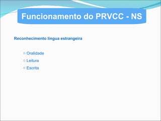 Funcionamento do PRVCC - NS Reconhecimento língua estrangeira Oralidade Leitura Escrita  