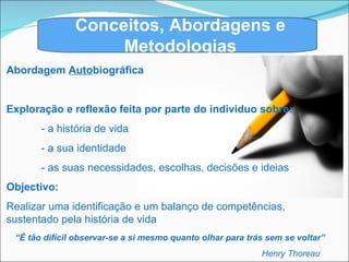 Conceitos, Abordagens e Metodologias Abordagem  Auto biográfica Exploração e reflexão feita por parte do individuo sobre: - a história de vida - a sua identidade - as suas necessidades, escolhas, decisões e ideias Objectivo:  Realizar uma identificação e um balanço de competências, sustentado pela história de vida “ É tão difícil observar-se a si mesmo quanto olhar para trás sem se voltar”     Henry Thoreau       