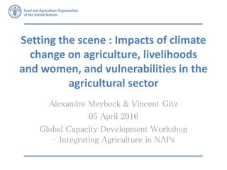 Setting the scene : Impacts of climate
change on agriculture, livelihoods
and women, and vulnerabilities in the
agricultural sector
Alexandre Meybeck & Vincent Gitz
05 April 2016
Global Capacity Development Workshop
– Integrating Agriculture in NAPs
 