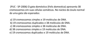(PUC - SP-2006) O gato doméstico (Felis domestica) apresenta 38
cromossomos em suas células somáticas. No núcleo do óvulo normal
de uma gata são esperados:
a) 19 cromossomos simples e 19 moléculas de DNA.
b) 19 cromossomos duplicados e 38 moléculas de DNA.
c) 38 cromossomos simples e 38 moléculas de DNA.
d) 38 cromossomos simples e 19 moléculas de DNA.
e) 19 cromossomos duplicados e 19 moléculas de DNA.
 