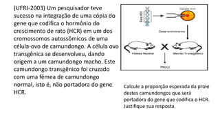(UFRJ-2003) Um pesquisador teve
sucesso na integração de uma cópia do
gene que codifica o hormônio do
crescimento de rato (HCR) em um dos
cromossomos autossômicos de uma
célula-ovo de camundongo. A célula ovo
transgênica se desenvolveu, dando
origem a um camundongo macho. Este
camundongo transgênico foi cruzado
com uma fêmea de camundongo
normal, isto é, não portadora do gene
HCR.
Calcule a proporção esperada da prole
destes camundongos que será
portadora do gene que codifica o HCR.
Justifique sua resposta.
 