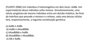 (FUVEST-2006) Um indivíduo é heterozigótico em dois locos: AaBb. Um
espermatócito desse indivíduo sofre meiose. Simultaneamente, uma
célula sangüínea do mesmo indivíduo entra em divisão mitótica. Ao final
da interfase que precede a meiose e a mitose, cada uma dessas células
terá, respectivamente, a seguinte constituição genética:
a) AaBb e AaBb.
b) AaBb e AAaaBBbb.
c) AAaaBBbb e AaBb.
d) AAaaBBbb e AAaaBBbb.
e) AB e AaBb.
 