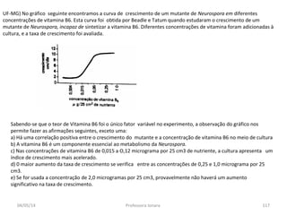 UF-MG) No gráfico seguinte encontramos a curva de crescimento de um mutante de Neurospora em diferentes
concentrações de vitamina B6. Esta curva foi obtida por Beadle e Tatum quando estudaram o crescimento de um
mutante de Neurospora, incapaz de sintetizar a vitamina B6. Diferentes concentrações de vitamina foram adicionadas à
cultura, e a taxa de crescimento foi avaliada.
Sabendo-se que o teor de Vitamina B6 foi o único fator variável no experimento, a observação do gráfico nos
permite fazer as afirmações seguintes, exceto uma:
a) Há uma correlação positiva entre o crescimento do mutante e a concentração de vitamina B6 no meio de cultura
b) A vitamina B6 é um componente essencial ao metabolismo da Neurospora.
c) Nas concentrações de vitamina B6 de 0,015 a O,12 micrograma por 25 cm3 de nutriente, a cultura apresenta um
índice de crescimento mais acelerado.
d) 0 maior aumento da taxa de crescimento se verifica entre as concentrações de 0,25 e 1,0 micrograma por 25
cm3.
e) Se for usada a concentração de 2,0 microgramas por 25 cm3, provavelmente não haverá um aumento
significativo na taxa de crescimento.
04/05/14 117Professora Ionara
 