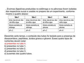 Decorrido certo tempo, o conteúdo dos tubos foi testado para a presença de
dissacarídeos, peptídeos, ácidos graxos e glicerol. Esses quatro tipos de
nutrientes devem estar
a) presentes no tubo 4.
b) presentes no tubo 1.
c) presentes no tubo 2.
d) presentes no tubo 3.
e) ausentes dos quatro tubos.
04/05/14 Professora Ionara 155
. Enzimas digestivas produzidas no estômago e no pâncreas foram isoladas
dos respectivos sucos e usadas no preparo de um experimento, conforme
mostra o quadro abaixo:
 