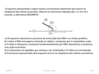 04/05/14 Professora Ionara 159
O esquema apresentado a seguir mostra um processo importante que ocorre no
citoplasma das células eucariotas .Observe as estruturas indicadas por I, II, III e IV e
assinale. a alternativa INCORRETA
:a) O esquema representa o processo de transcrição dos RNA-r ou síntese protéica.
b) I indica o RNA mensageiro contendo os códons, compostos por 3 nucleotídeos cada.
c) II indica o ribossomo, composto fundamentalmente por RNA ribossômico e proteínas
com ação enzimática.
d) III representa um peptídeo que começa a ser sintetizado e IV indica um aminoácido.
e) O processo representado pelo esquema ocorre no citoplasma das células eucarióticas.
 