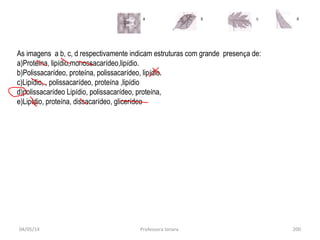 04/05/14 Professora Ionara 200
a b c d
As imagens a b, c, d respectivamente indicam estruturas com grande presença de:
a)Proteína, lipídio,monossacarídeo,lipídio.
b)Polissacarídeo, proteína, polissacarídeo, lipídio.
c)Lipídio, , polissacarídeo, proteína ,lipídio
d)polissacarídeo Lipídio, polissacarídeo, proteína,
e)Lipídio, proteína, dissacarídeo, glicerídeo
 