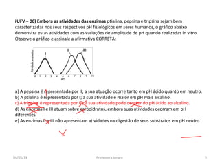 (UFV – 06) Embora as atividades das enzimas ptialina, pepsina e tripsina sejam bem
caracterizadas nos seus respectivos pH fisiológicos em seres humanos, o gráfico abaixo
demonstra estas atividades com as variações de amplitude de pH quando realizadas in vitro.
Observe o gráfico e assinale a afirmativa CORRETA:
a) A pepsina é representada por II; a sua atuação ocorre tanto em pH ácido quanto em neutro.
b) A ptialina é representada por I; a sua atividade é maior em pH mais alcalino.
c) A tripsina é representada por III; a sua atividade pode ocorrer do pH ácido ao alcalino.
d) As enzimas I e III atuam sobre carboidratos, embora suas atividades ocorram em pH
diferentes.
e) As enzimas II e III não apresentam atividades na digestão de seus substratos em pH neutro.
04/05/14 9Professora Ionara
 
