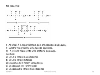 No esquema :
I - As letras X e Z representam dois aminoácidos quaisquer.
II - A letra Y representa uma ligação peptídica.
III - A letra W representa uma proteína qualquer.
Assinale:
a) se I, II e III forem verdadeiras
b) se I, II e III forem falsas
c) se apenas I e II forem verdadeiras
d) se apenas I e IIl forem falsas
e) se apenas II e III forem verdadeiras
04/05/14 90Professora Ionara
 