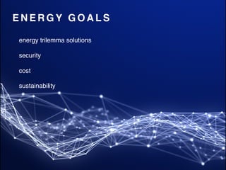 E N E R G Y G O A L S
energy trilemma solutions
security
cost
sustainability
 
