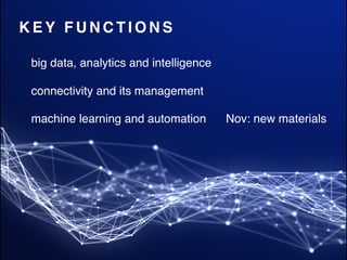 K E Y F U N C T I O N S
big data, analytics and intelligence
connectivity and its management
machine learning and automation Nov: new materials
 