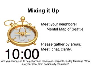 Mixing it Up

                                 Meet your neighbors!
                                   Mental Map of Seattle


                                 Please gather by areas.
                                 Meet, chat, clarify.


Are you connected to neighborhood resources, carpools, buddy families? Who
                 are your local SGS community members?
 