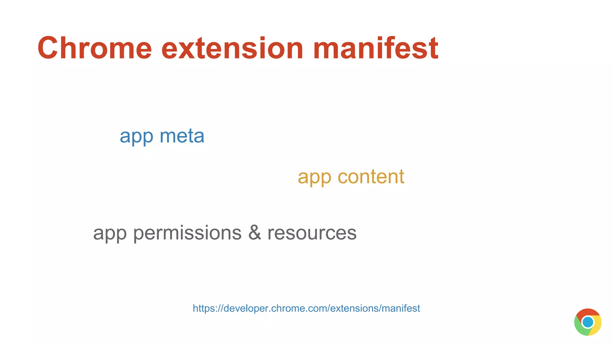 Chrome extension manifest
app permissions & resources
app content
app meta
https://developer.chrome.com/extensions/manifest
 