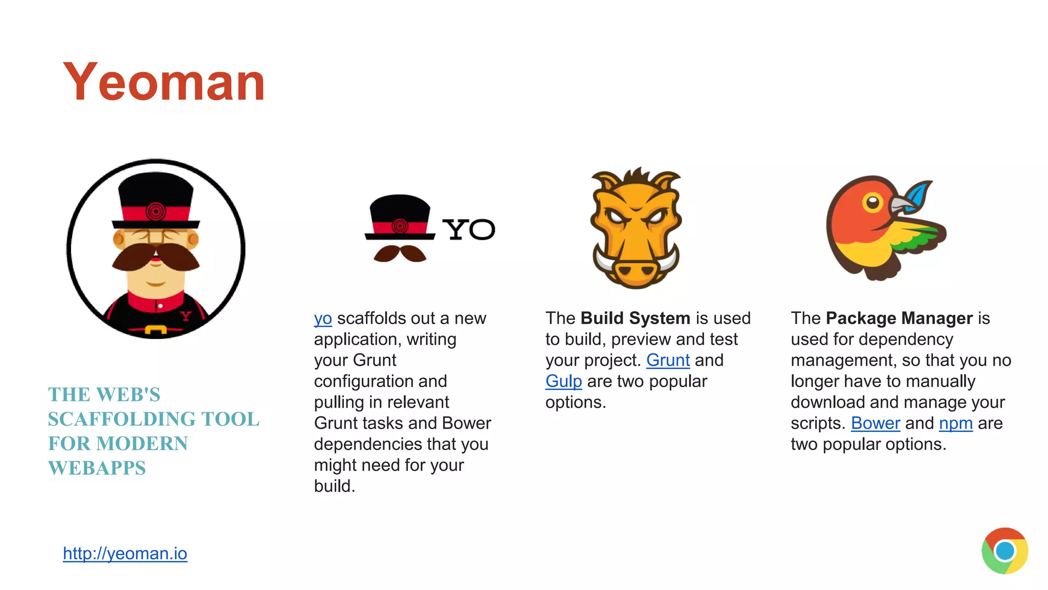 Yeoman
http://yeoman.io
yo scaffolds out a new
application, writing
your Grunt
configuration and
pulling in relevant
Grunt tasks and Bower
dependencies that you
might need for your
build.
The Build System is used
to build, preview and test
your project. Grunt and
Gulp are two popular
options.
The Package Manager is
used for dependency
management, so that you no
longer have to manually
download and manage your
scripts. Bower and npm are
two popular options.
THE WEB'S
SCAFFOLDING TOOL
FOR MODERN
WEBAPPS
 