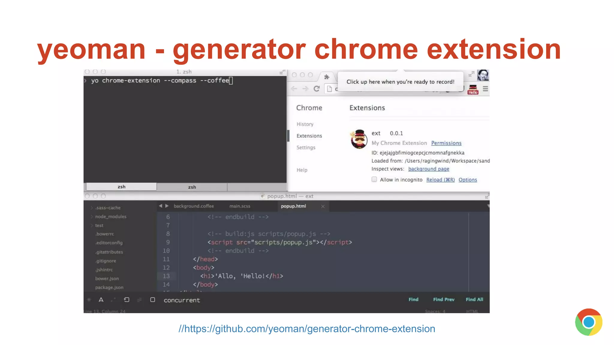 //https://github.com/yeoman/generator-chrome-extension
yeoman - generator chrome extension
 