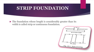 STRIP FOUNDATION
 The foundation whose length is considerably greater than its
width is called strip or continuous foundation.
 