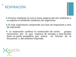 +	
  
RESPIRACION	
  
n 	
  Proceso	
  mediante	
  el	
  cual	
  se	
  toma	
  oxígeno	
  del	
  aire	
  ambiente	
  y	
  
se	
  expulsa	
  el	
  anhídrido	
  carbónico	
  del	
  organismo.	
  	
  
n 	
  El	
  ciclo	
  respiratorio	
  comprende	
  una	
  fase	
  de	
  inspiración	
  y	
  otra	
  
de	
  espiración.	
  
n  	
   La	
   respiración	
   conlleva	
   la	
   contracción	
   de	
   varios	
   	
   	
   grupos	
  	
  	
  
musculares	
  	
  	
  por	
  	
  	
  	
  lo	
  	
  	
  que	
  	
  	
  requiere	
  	
  de	
  	
  energía,	
  y	
  	
  esta	
  función	
  
Fene	
  un	
  gasto	
  energéFco,	
  que	
   	
  estará	
   	
   	
  en	
   	
  función	
   	
  de	
   	
  la	
  	
  	
  
frecuencia	
  	
  y	
  	
  del	
  volumen	
  inspirado.	
  
 