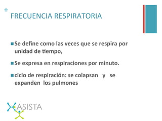 +	
  
FRECUENCIA	
  RESPIRATORIA	
  
	
  
n Se	
  deﬁne	
  como	
  las	
  veces	
  que	
  se	
  respira	
  por	
  
unidad	
  de	
  Fempo,	
  	
  
n Se	
  expresa	
  en	
  respiraciones	
  por	
  minuto.	
  
n ciclo	
  de	
  respiración:	
  se	
  colapsan	
  	
  	
  y	
  	
  	
  se	
  	
  	
  
expanden	
  	
  los	
  pulmones	
  
 