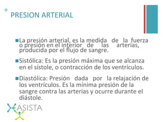 +	
  
PRESION	
  ARTERIAL	
  
	
  
n La	
  presión	
  arterial,	
  es	
  la	
  medida	
  	
  	
  de	
  	
  	
  la	
  	
  fuerza	
  
o	
  presión	
  en	
  el	
  interior	
  	
  	
  de	
  	
  	
  	
  	
  las	
  	
  	
  	
  	
  arterias,	
  
producida	
  por	
  el	
  ﬂujo	
  de	
  sangre.	
  
n Sistólica:	
  Es	
  la	
  presión	
  máxima	
  que	
  se	
  alcanza	
  
en	
  el	
  sístole,	
  o	
  contracción	
  de	
  los	
  ventrículos.	
  	
  
n Diastólica:	
  Presión	
  	
  	
  dada	
  	
  	
  por	
  	
  	
  la	
  relajación	
  de	
  
los	
  ventrículos.	
  Es	
  la	
  mínima	
  presión	
  de	
  la	
  
sangre	
  contra	
  las	
  arterias	
  y	
  ocurre	
  durante	
  el	
  
diástole.	
  	
  
 