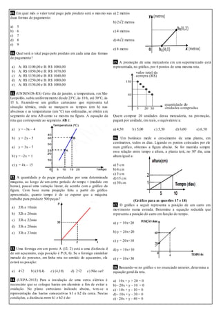 09. Em qual mês o valor total pago pelo produto será o mesmo nas
duas formas de pagamento:
a) 5
b) 6
c) 7
d) 8
e) 9
10. Qual será o total pago pelo produto em cada uma das formas
de pagamento?
a) A: R$ 1100,00 e B: R$ 1080,00
b) A: R$ 1050,00 e B: R$ 1070,00
c) A: R$ 1150,00 e B: R$ 1040,00
d) A: R$ 1250,00 e B: R$ 1080,00
e) A: R$ 1150,00 e B: R$ 1080,00
11. (UNISINOS-RS) Certo dia de janeiro, a temperatura, em São
Leopoldo, subiu uniformemente desde 23ºC, às 10 h, até 38ºC, às
15 h. Fazendo-se um gráfico cartesiano que representa tal
situação térmica, onde se marquem os tempos (em h) nas
abscissas e as temperaturas (em ºC) nas ordenadas, se obtém um
segmento de reta AB como se mostra na figura. A equação da
reta que corresponde ao segmento AB é:
a) y = –3x – 4
b) y = 2x – 5
a) y = 3x – 7
b) y = –2x + 1
e) y = 4x – 15
12. A quantidade p de peças produzidas por uma determinada
máquina, ao longo de um certo período de tempo t (medido em
horas), possui uma variação linear, de acordo com o gráfico da
figura. Com base numa projeção feita a partir do gráfico
apresentado, quanto tempo é de se esperar que a máquina
trabalhe para produzir 500 peças?
a) 33h e 10min
b) 32h e 20min
c) 33h e 22min
d) 33h e 20min
e) 33h e 23min
13. Uma formiga em um ponto A (12, 2) está a uma distância d
de um açucareiro, cuja posição é P (8, 6). Se a formiga caminhar
metade do percurso, em linha reta no sentido do açucareiro, ela
estará na posição:
a) 4√2 b) (10,4) c) (4,10) d) 2√2 e) Não sei!
14. (UEPA-2013) Para a instalação de uma cerca elétrica é
necessário que se coloque hastes em alumínio a fim de evitar a
oxidação. No plano cartesiano indicado abaixo, tem-se a
representação das hastes consecutivas h1 e h2 da cerca. Nestas
condições, a distância entre h1 e h2 é de:
a) 2 metros
b) 2 metros
c) 4 metros
d) 4 metros
e) 8 metro
15. A promoção de uma mercadoria em um supermercado está
representada, no gráfico, por 6 pontos de uma mesma reta.
Quem comprar 20 unidades dessa mercadoria, na promoção,
pagará por unidade, em reais, o equivalente a:
a) 4,50 b) 5,00 c) 5,50 d) 6,00 e) 6,50
16. Um botânico mede o crescimento de uma planta, em
centímetros, todos os dias. Ligando os pontos colocados por ele
num gráfico, obtemos a figura abaixo. Se for mantida sempre
essa relação entre tempo e altura, a planta terá, no 30º dia, uma
altura igual a:
a) 5 cm
b) 6 cm
c) 3 cm
d) 15 cm
e) 30 cm
(Gráfico para as questões 17 e 18)
17. O gráfico a seguir representa a posição de um carro em
movimento numa estrada. Determine a equação reduzida que
representa a posição do carro em função do tempo.
a) y = 10x+20
b) y = 20x+20
c) y = 20x+10
d) y = 10x+10
e) y = 10x+30
18. Baseando-se no gráfico e no enunciado anterior, determine a
equação geral da reta.
a) 10x + y + 20 = 0
b) - 20x + y - 10 = 0
c) - 10x + y - 10 = 0
d) - 10x + y - 30 = 0
e) - 20x + y - 40 = 0
 