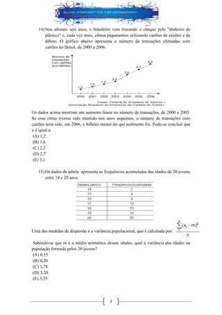 7 
14) Nos últimos seis anos, o brasileiro vem trocando o cheque pelo "dinheiro de plástico" e, cada vez mais, efetua pagamentos utilizando cartões de crédito e de débito. O gráfico abaixo apresenta o número de transações efetuadas com cartões no Brasil, de 2000 a 2006. 
Os dados acima mostram um aumento linear no número de transações, de 2000 a 2003. Se esse ritmo tivesse sido mantido nos anos seguintes, o número de transações com cartões teria sido, em 2006, x bilhões menor do que realmente foi. Pode-se concluir que x é igual a: 
(A) 1,2 
(B) 1,6 
(C) 2,2 
(D) 2,7 
(E) 3,1 
15) Os dados da tabela apresenta as frequências acumuladas das idades de 20 jovens entre 14 e 20 anos. 
Uma das medidas de dispersão é a variância populacional, que é calculada por: 
Sabendo-se que m é a média aritmética dessas idades, qual a variância das idades na população formada pelos 20 jovens? 
(A) 0,15 
(B) 0,20 
(C) 1,78 
(D) 3,20 
(E) 3,35 
 